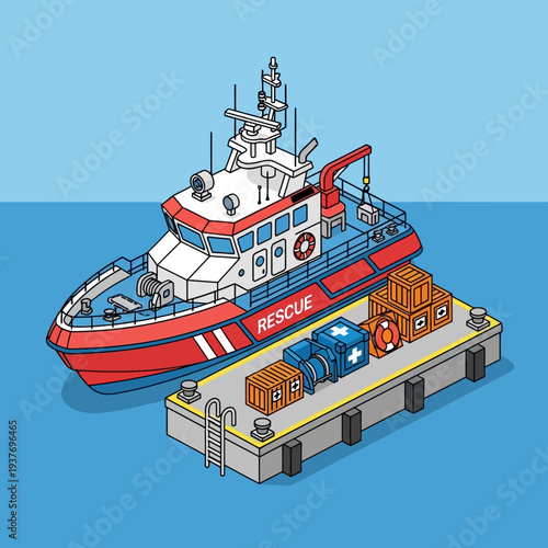 Rescue boat with cargo on a floating dock in the ocean.
