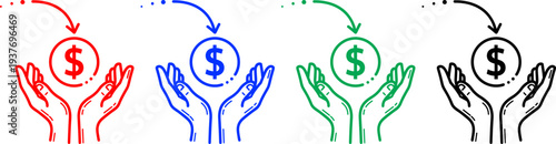 Hands holding money icon in red, blue, green and black outlines on transparent background