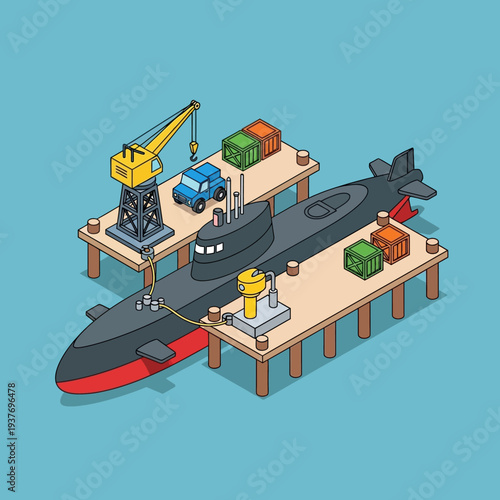 Isometric illustration of submarine under construction on dockyard.