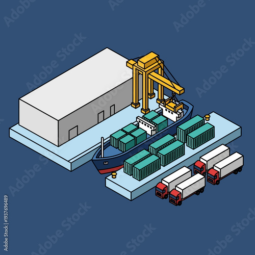 Isometric illustration of a warehouse with cargo ship and trucks.