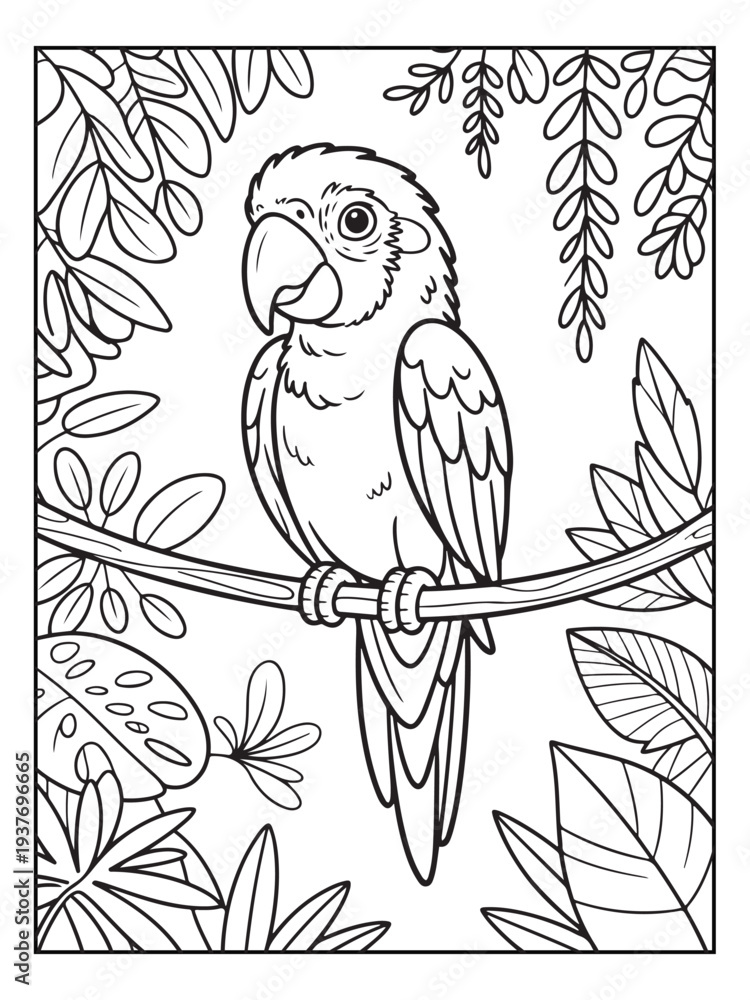 Fototapeta premium Cute animals with a forest background for kids, teens, and adults. Black and white coloring activity book.