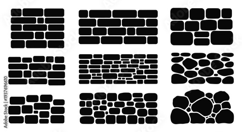 A collection of abstract black brickwork patterns and textured stone formations in a stark silhouette high quality professional