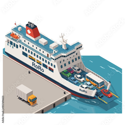 Illustration of a large RoRo cargo ship docked at a port with vehicles on board.