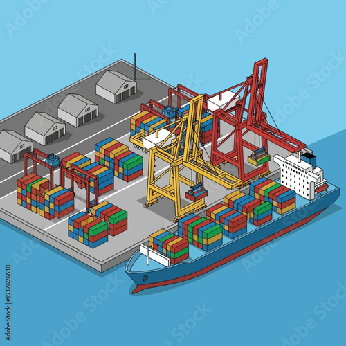 Isometric illustration of a busy container shipping port with cranes and cargo ship.