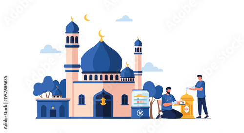 Muslim family saving money for hajj pilgrimage in front of mosque illustration