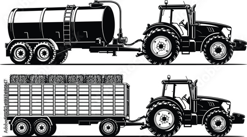 Agricultural tractor with tanker trailer and hay transport wagon silhouette set representing modern farming equipment, rural transport machinery and agricultural logistics illustration