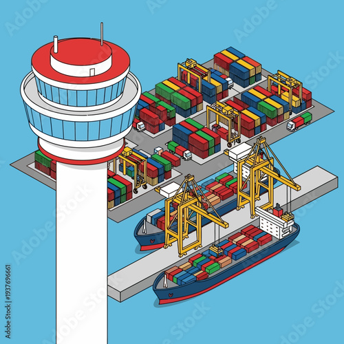 Aerial view of a busy container shipping port with cargo ship and cranes.
