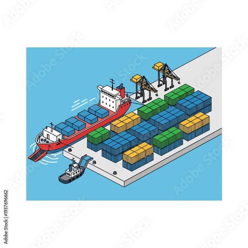 Cargo ship loading containers at a dock with cranes.