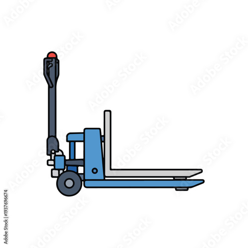 Blue pallet truck with hydraulic lift on white background