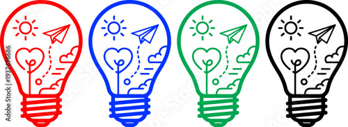 Creative light bulb outline icons containing nature sun paper plane and heart symbols in four colors