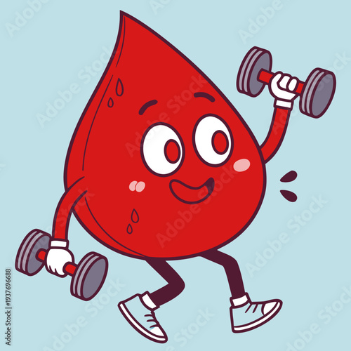 Cute Blood Drop Mascot Lifting Dumbbells – Fitness Health Cartoon Vector Illustration