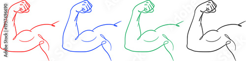 Continuous line drawing of a flexing bicep in red blue green and black colors