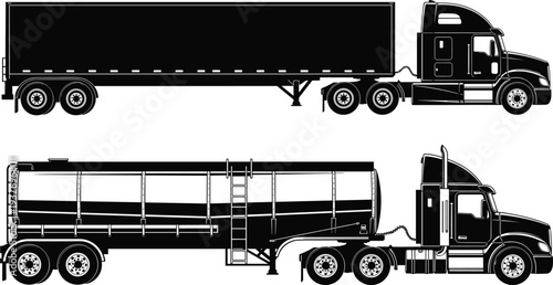 Black semi truck with box trailer and tanker trailer silhouette side view set, heavy cargo transport vehicle illustration isolated for logistics and freight design