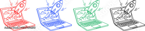 Rocket launch from laptop computer screen startup concept in multiple colors on transparent grid