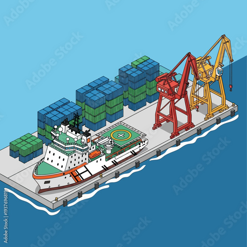 Cargo ship with containers and cranes at sea.