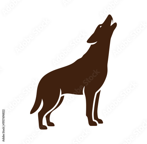 brown wolf silhouette howling upwards in profile view on white background