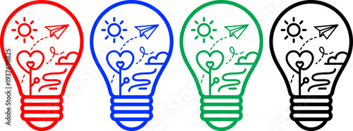 Light bulb concept with creative icons inside including paper plane heart and sun for bright ideas