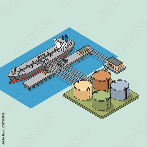 Oil tanker ship docked at a refinery terminal with storage tanks.