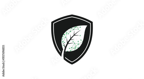 A modern shield emblem featuring a leaf design with network connections a striking silhouette high quality professional detailed