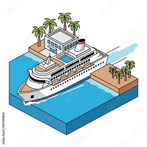 Isometric illustration of a luxury cruise ship sailing between tropical islands.