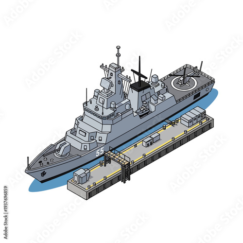 Vector illustration of a naval warship docked at a pier.