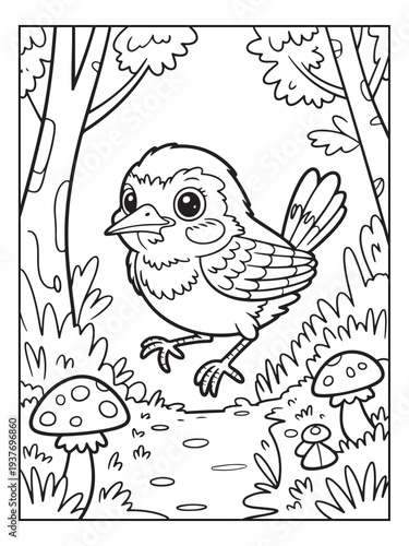 Cute animals with a forest background for kids, teens, and adults. Black and white coloring activity book.