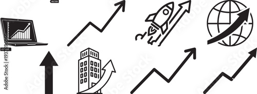 Financial market analysis and corporate progress symbols with upward arrows and technology devices