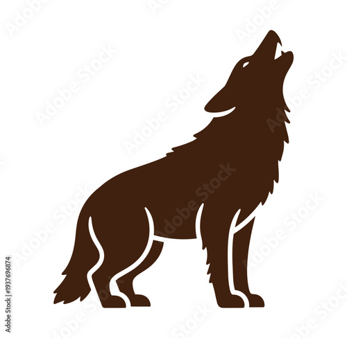brown wolf silhouette howling upwards standing alone on white background