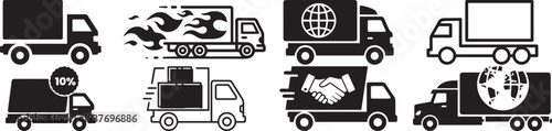 Delivery trucks and vans with different icons for logistics transport and shipping services