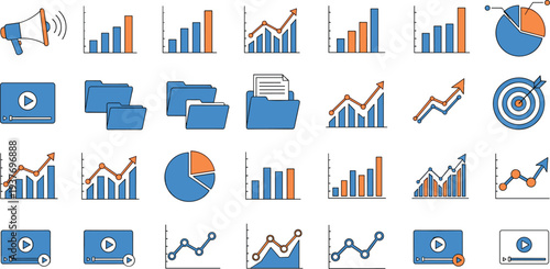 Business analytics icons collection with charts, graphs, pie charts, growth statistics, marketing data analysis and dashboard elements for finance, reporting and digital strategy