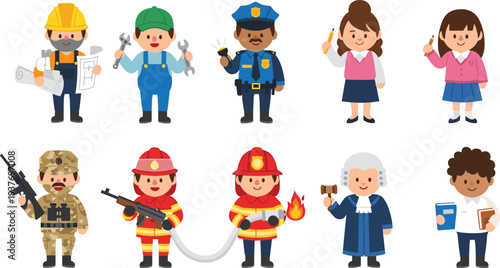Cartoon professional workers characters collection including builder, mechanic, police officer, teacher, soldier, firefighter and judge representing different careers and public service occupations