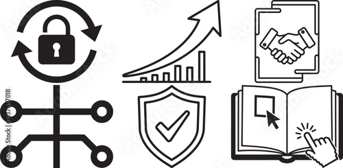 Data security and business growth icons set including lock graph shield handshake and digital book