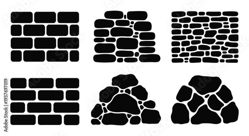 A collection of black rock and brick arrangements depicted as bold silhouettes emphasizing texture and form silhouette
