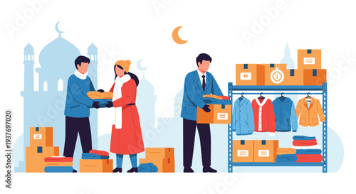 Business team shopping online clothing delivery service ecommerce flat vector illustration