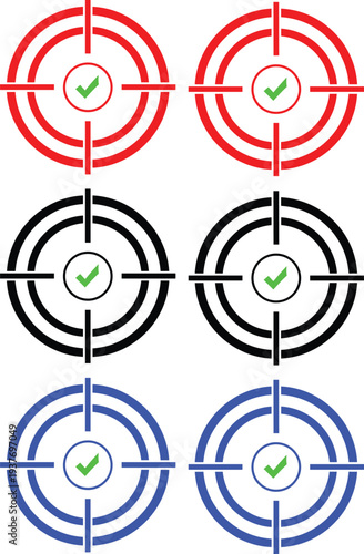 Target sight reticle icons in red black and blue with green check marks indicating accuracy and precision