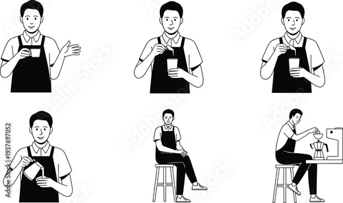 Barista making coffee illustration set, professional cafe worker character collection, beverage preparation process, black and white vector design
