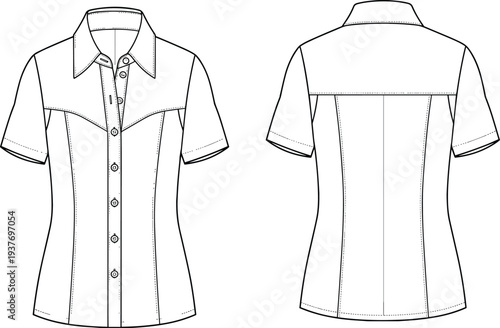 Technical fashion sketch of a women's short sleeve button down shirt vector illustration featuring front and back views with western yoke details and princess seams.