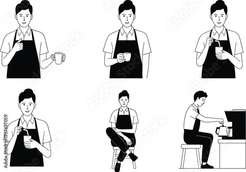 Barista serving coffee illustration set, professional cafe worker collection, beverage preparation and brewing process, black white vector design
