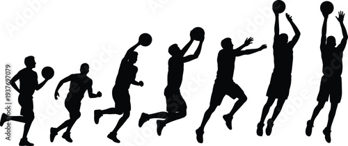Basketball player silhouette sequence, jumping and shooting action poses, sport movement progression concept, black vector isolated illustration