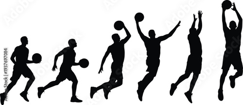 Basketball player silhouette set, dribbling and jump shot action poses, sport competition concept, black vector isolated illustration