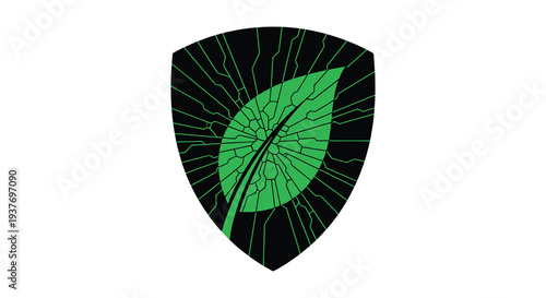 A vibrant green leaf design is displayed within a black shield shaped frame a striking silhouette high quality professional