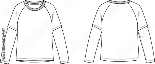 Technical fashion sketch of a unisex long sleeve raglan t-shirt vector illustration featuring front and back views with crew neck and layered sleeve details.