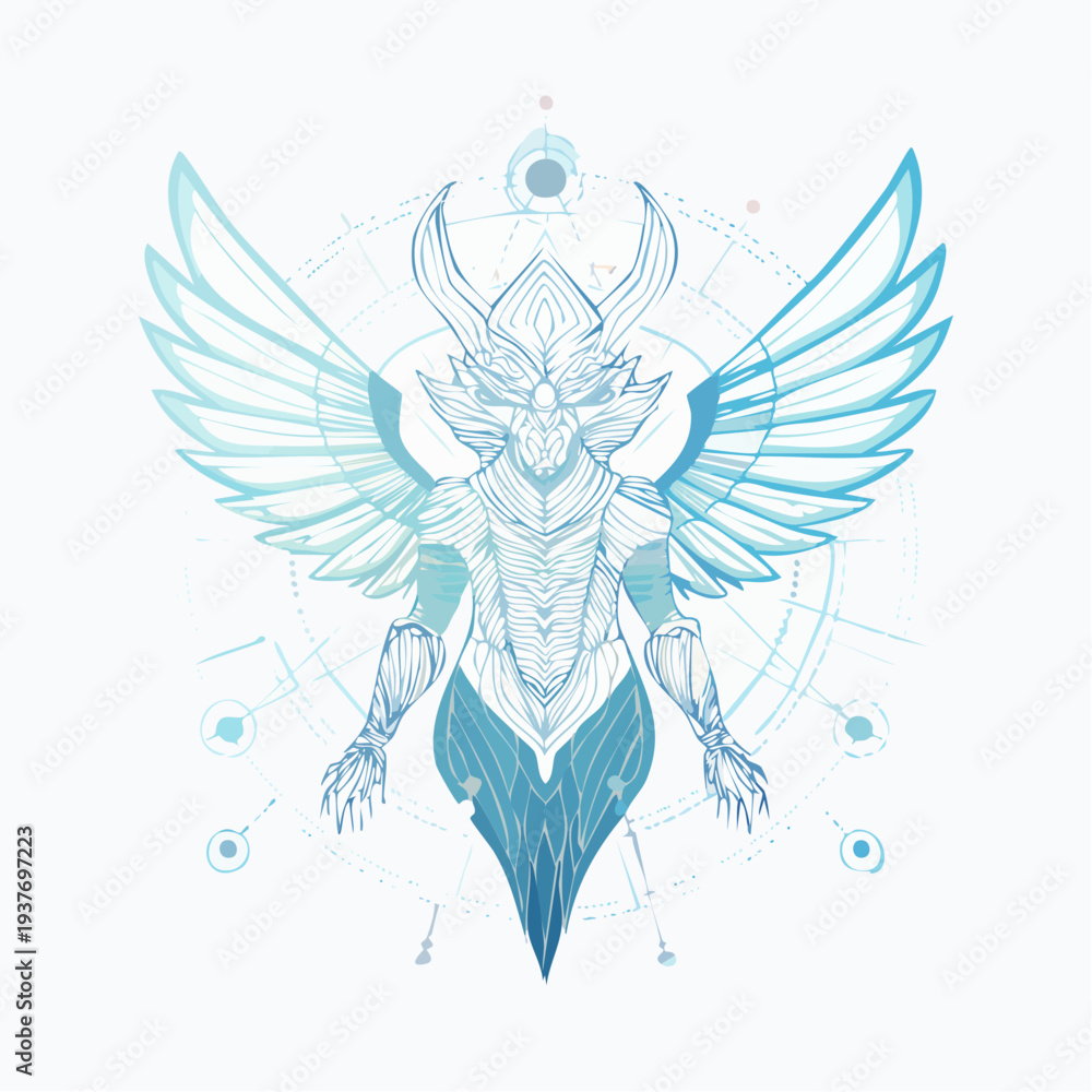 Fototapeta premium Ethereal Winged Guardian Adorned with Sacred Geometry and Mystical Aura Illustration