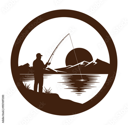 man fishing on lake shore with mountains in background at sunset  outdoor recreation