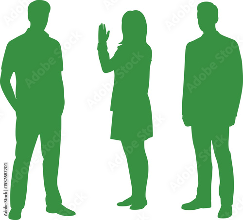 Green people silhouette collection, standing men and woman figures, human profile pose set, flat vector isolated illustration