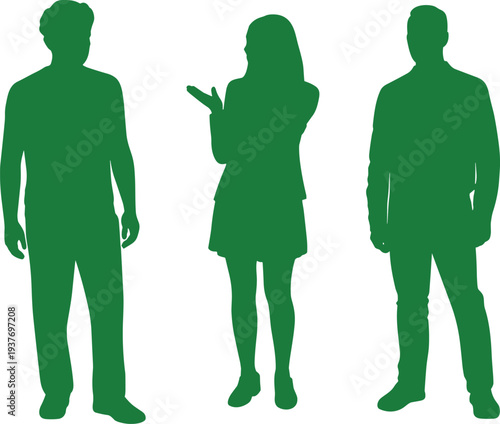 Green human silhouettes set, standing men and woman figures, full body profile poses, flat vector isolated illustration