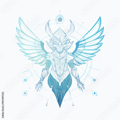 Ethereal Winged Guardian Adorned with Sacred Geometry and Mystical Aura Illustration