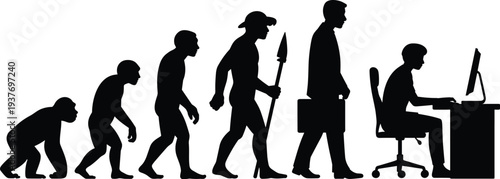 Human evolution silhouette concept, ape to modern office worker transformation, technology progress timeline illustration, black vector isolated design
