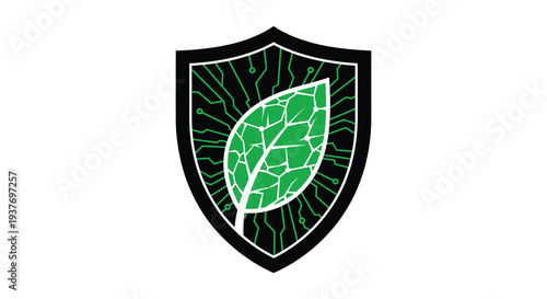 A vibrant green leaf design encased within a black shield representing eco friendly technology silhouette high quality professional detailed