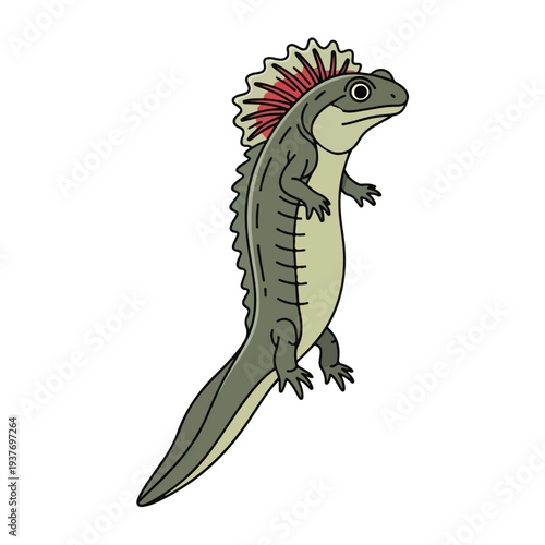 Cartoon dinosaur with spiky back and red crest standing upright on hind legs
